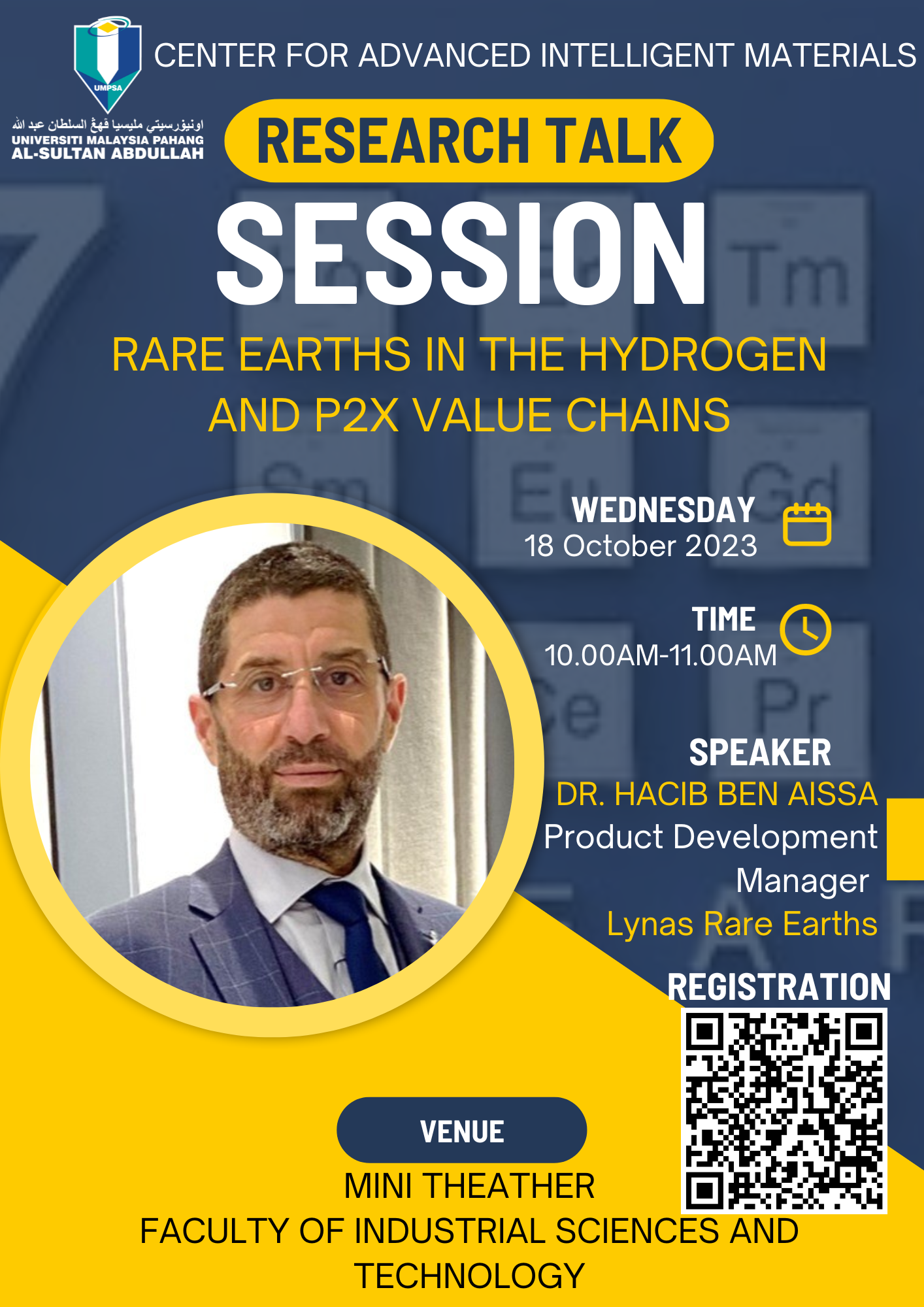 Research Talk session: Rare Earths in the Hydrogen and P2X Value Chains by Dr Hacib Ben Aissa (Product Development Manager, Lynas Rare Earths)